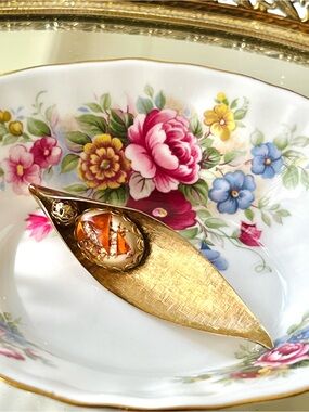 Vintage MCM Gold Tone Brushed Leaf Boat Brooch with Art Glass Inlay 3"